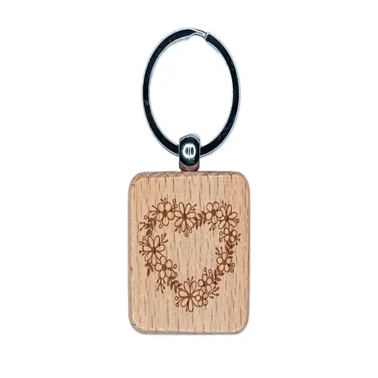 Flower Heart Wreath Engraved Wood Square Keychain Tag Charm {1}