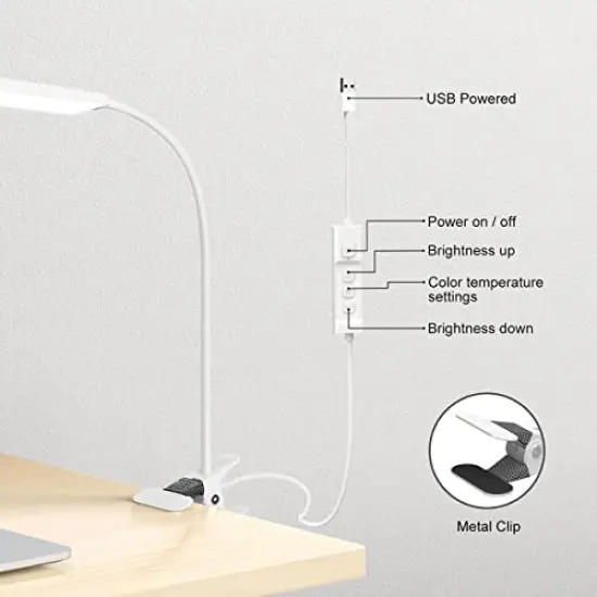 Clip on Light LED Desk Lamp with Eye-Caring LED Light and Metal Clip, 11 Level Brightness 3 Color Modes, Power by USB Port 5W Flexible Gooseneck Reading Light for Home and Office (5W, White) {5}