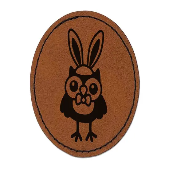 Easter Owl with Bunny Ears Round Iron-On Engraved Faux Leather Patch Applique - 2.5" Brown {1}