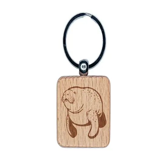 Gentle Manatee Engraved Wood Square Keychain Tag Charm {1}