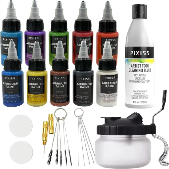 Pixiss Air Brush Painting Set with Airbrush Cleaner Pot and Brush Cleaner Fluid (4 fl oz) - 10 Colors of Acrylic Paint for Airbrush Kit with accessories for Model Paint Kit {1}