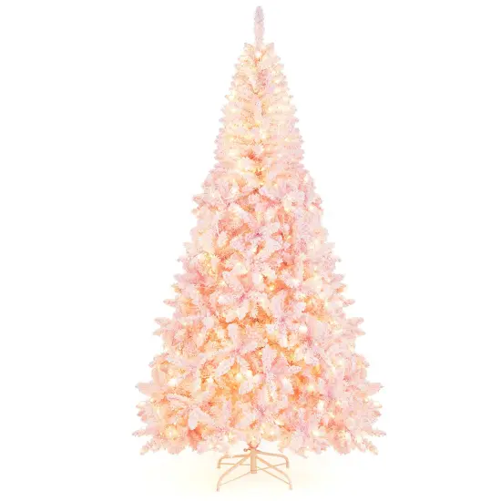 Costway 7.5FT Pre-Lit Snow Flocked Pink Christmas Tree 1100 Tips w/ 450 Lights & 8 Modes {1}