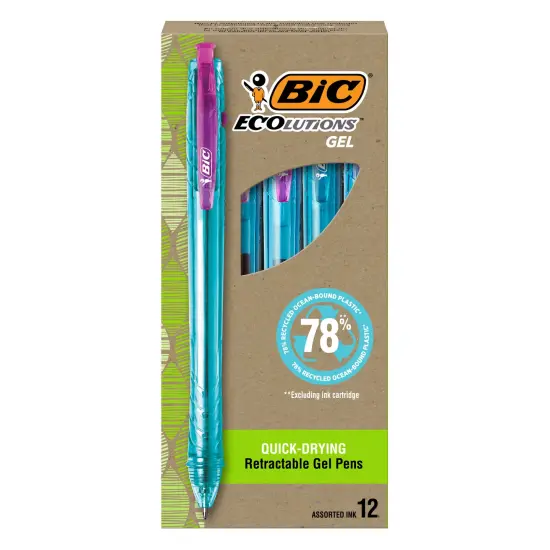 BIC Ecolutions Ocean-Bound Plastic Gel Pens, Medium Point (1.0mm), 12-Count Pack, Retractable Assorted Ink Pens Made from 78% Ocean-Bound Recycled Plastic Excluding Ink Cartridge {2}
