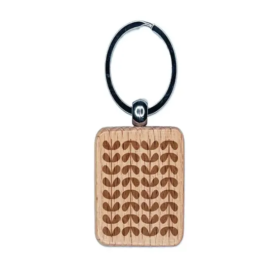 Scandinavian Leaf Stems Engraved Wood Square Keychain Tag Charm {1}