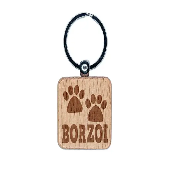 Borzoi Dog Paw Prints Fun Text Engraved Wood Square Keychain Tag Charm {1}