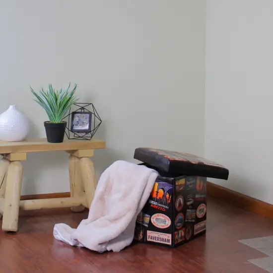 Northlight 15" Decorative Brown Travel Stickers Collapsible Wooden Storage Ottoman Multi {6}
