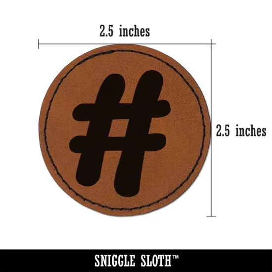 Hashtag Number Sign Round Iron-On Engraved Faux Leather Patch Applique - 2.5" Brown {2}