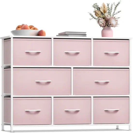 Sorbus Dresser with 8 Drawers - Chest Organizer Unit with Steel Frame Wood Top & Handle Easy Pull Fabric Bins for Clothes - Wide Storage Furniture for Bedroom, Hallway, Living Room, Nursery & Closet Pink {1}