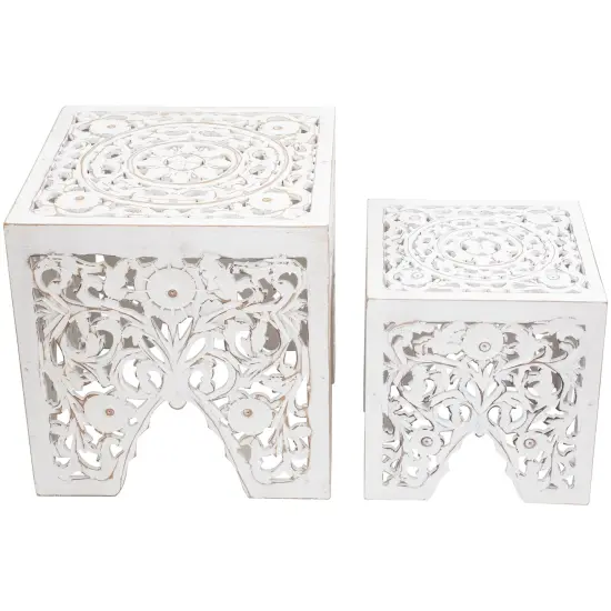 Northlight Set of 2 Antique White Square Stackable Nesting Side Table and Stool 16" {1}