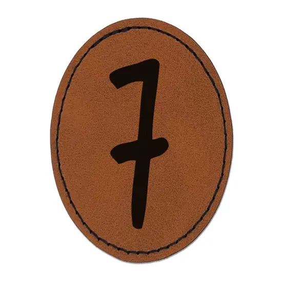 Number 7 Seven Felt Marker Font Round Iron-On Engraved Faux Leather Patch Applique - 2.5" Brown {1}