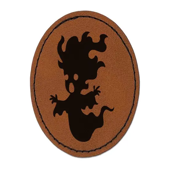 Haunted Halloween Ghost Banshee Monster Round Iron-On Engraved Faux Leather Patch Applique - 2.5" Brown {1}