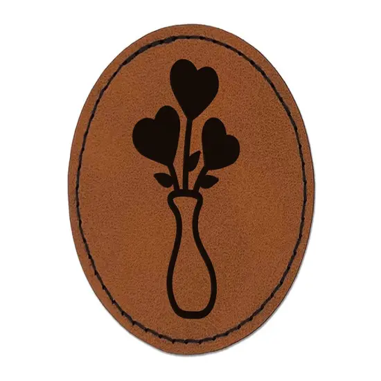 Vase of Heart Flowers Valentine's Day Round Iron-On Engraved Faux Leather Patch Applique - 2.5" Brown {1}