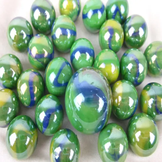 25 Glass Marbles PEACOCK iridescent Green Blue Yellow Game Pack Shooter Swirl {3}