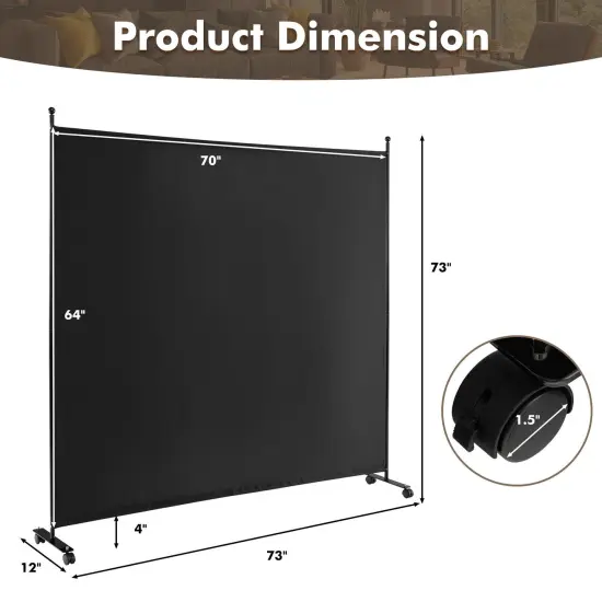6 Feet Single Panel Rolling Room Divider with Smooth Wheels Black {5}