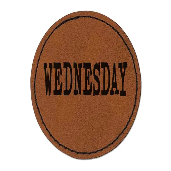 Wednesday Text Round Iron-On Engraved Faux Leather Patch Applique - 2.5" Brown {1}
