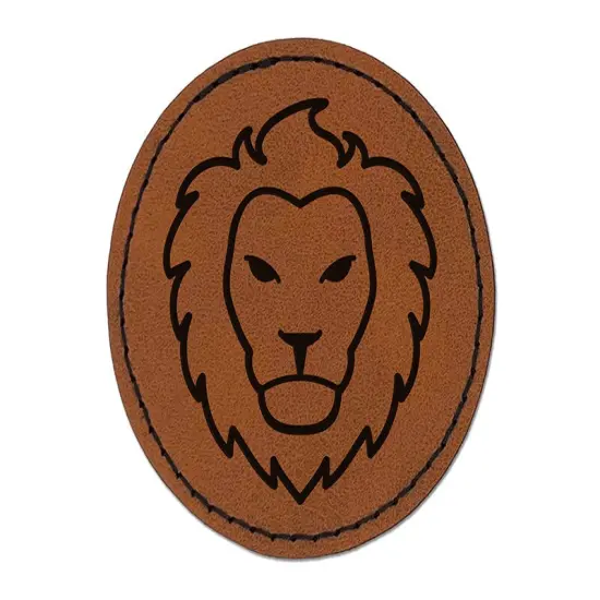 Lion Head Face Round Iron-On Engraved Faux Leather Patch Applique - 2.5" Brown {1}