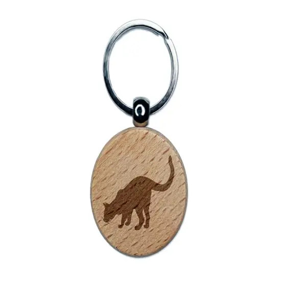 Curious Cat Solid Engraved Wood Round Keychain Tag Charm {1}