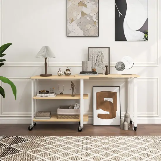 Rotating Sofa Side Table with Wheels Sliding Laptop Desk with Storage Shelves for Small Spaces Natural {1}