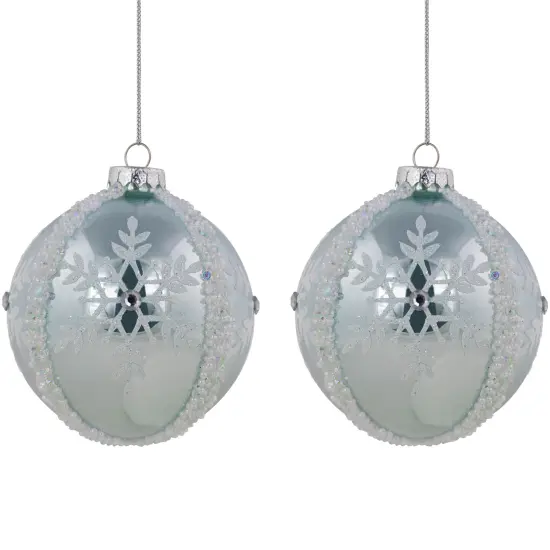 Northlight Glitter Snowflakes Beaded Christmas Glass Ball Ornaments - 4" - Ice Blue - Set of 2 {1}