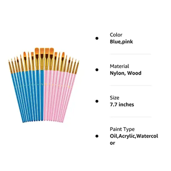 20 Pcs Paint Brushes Set, Paint Brushes for Acrylic Painting, Oil Watercolor Acrylic Paint Brush, Artist Paintbrushes for Body Face Rock Canvas, Kids Adult Drawing Arts Crafts Supplies, Blue+Pink {1}