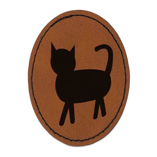 Cat Prancing Solid Round Iron-On Engraved Faux Leather Patch Applique - 2.5" Brown {1}