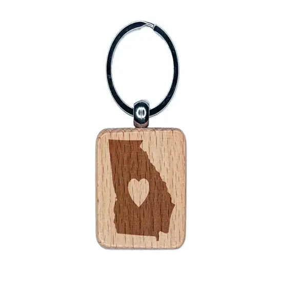 Georgia State with Heart Engraved Wood Square Keychain Tag Charm {1}