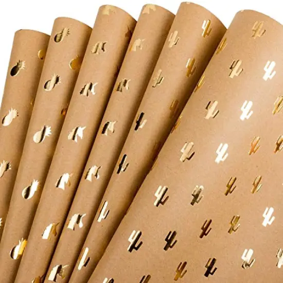 6 Pieces Kraft Wrapping Paper Gold Foil Unicorn Pineapple Cactus Shiny Kraft Paper for Birthday, Holiday, Wedding Wrap - 6 Sheets Packed as 1 roll - 17.5 x 30 inches per Sheet {2}