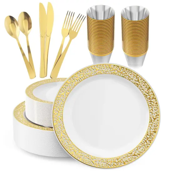 150 Pieces Gold Dinnerware Set, Elegant Plastic Plates Disposable Include: 25 Gold Lace Plastic Plates, 25 Dessert Plates, 25 Forks, 25 Knives, 25 Spoons, 25 Cup, Ideal for Party, Birthday {2}
