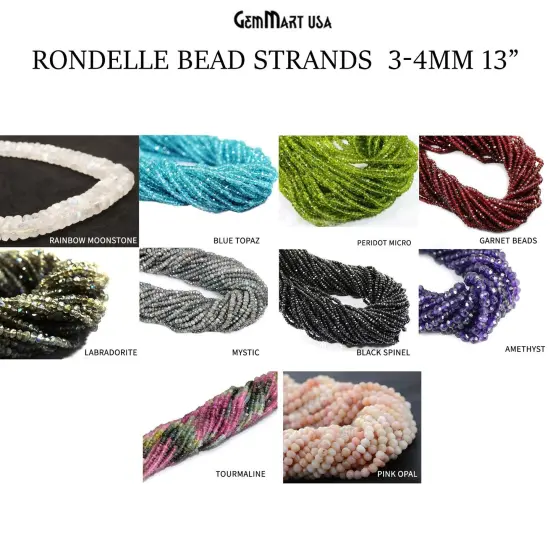 Rondelle Beads, 12.5 Inch Bead Strands, Natural Strung Gemstone, 3-4mm, Faceted, GemMartUSA (70002) Rainbow Moonstone {2}