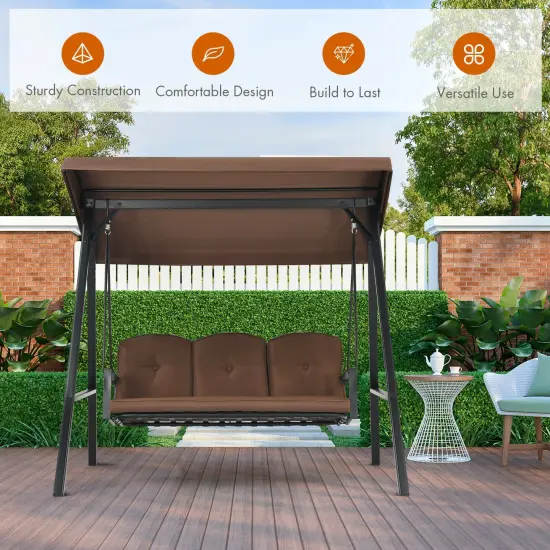 Outdoor 3-Seat Porch Swing with Adjust Canopy and Cushions Coffee {3}