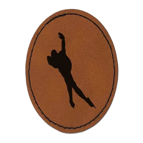Speed Skating Skater Round Iron-On Engraved Faux Leather Patch Applique - 2.5" Brown {1}