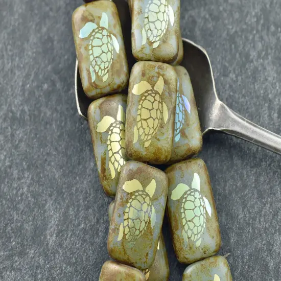 *6* 18x12mm Aqua Picasso Laser Tattoo Rectangle Turtle Beads {2}