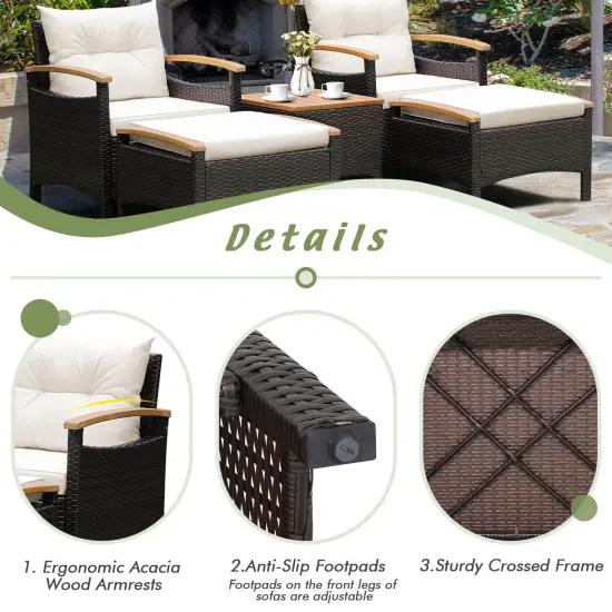 5 Pieces Patio Conversation Set with Cushions Coffee Table and 2 Ottomans {5}
