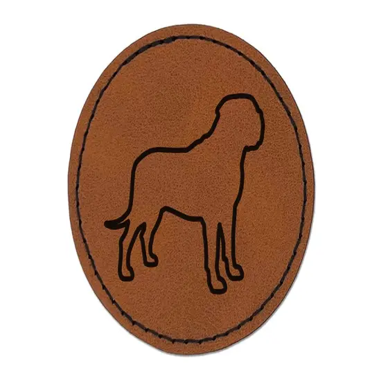 English Mastiff Dog Outline Round Iron-On Engraved Faux Leather Patch Applique - 2.5" Brown {1}