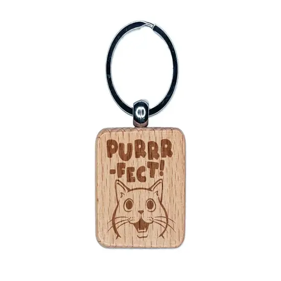 Purrrfect Perfect Cat Engraved Wood Square Keychain Tag Charm {1}