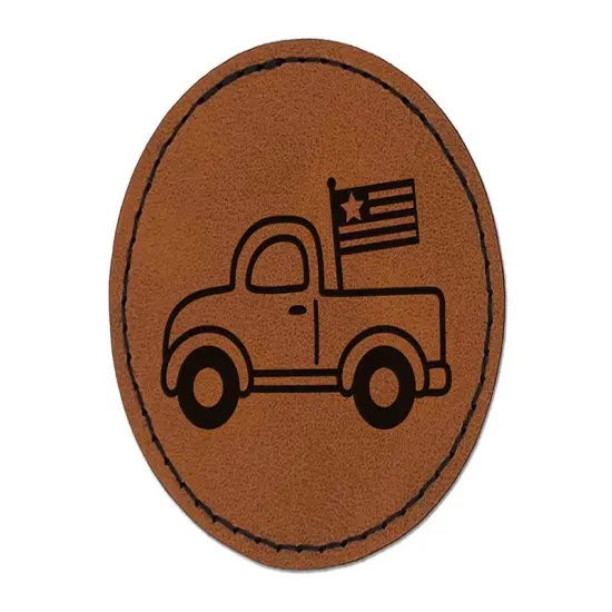 Cute Truck with Flag Round Iron-On Engraved Faux Leather Patch Applique - 2.5" Brown {1}
