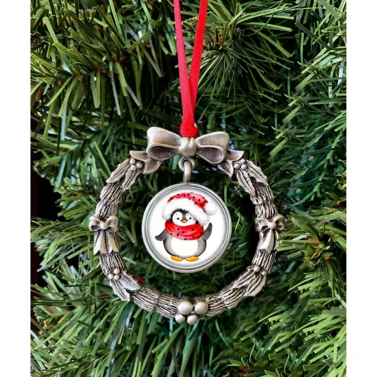 Wreath Ornament With Colorized Quarter Penguin Coin {2}
