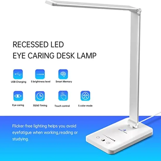 LED Desk Lamp with USB Charging Port, Dimmable Eye-Caring Reading Desk Light for Home, with 5 Brightness Level & 3 Lighting Modes, Touch Control, Auto Timer (White) {4}