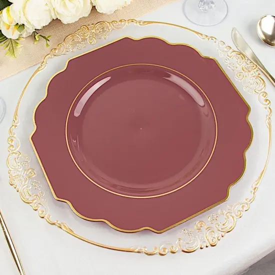 10 Pcs 12" Disposable Baroque Plastic Dinner Plates with Gold Rim Cinnamon rose {1}