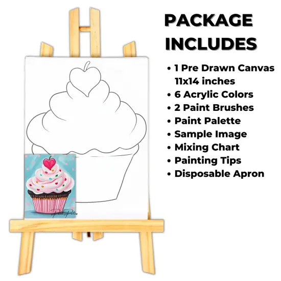 "Heart Cupcake" DIY Canvas Art Kit, Adult Beginner, Acrylic Paint Size 11x14 inch {2}