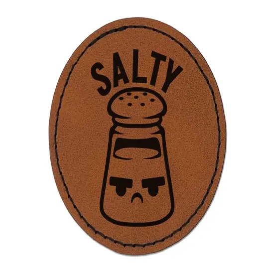 Kawaii Cute Salty Grumpy Salt Round Iron-On Engraved Faux Leather Patch Applique - 2.5" Brown {1}