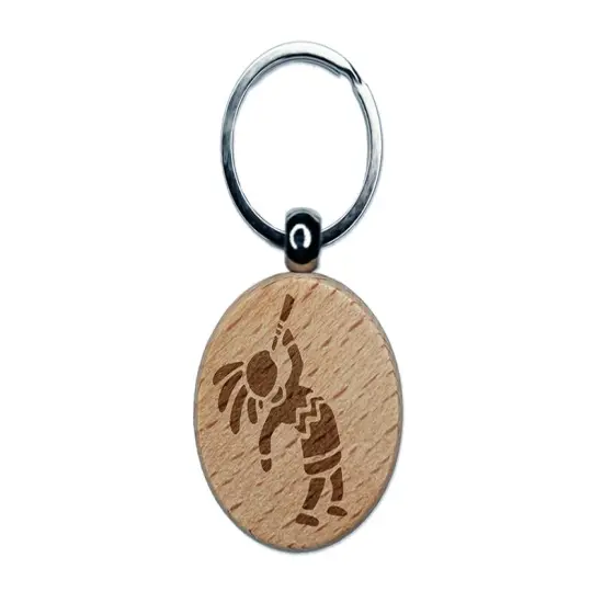Southwestern Style Tribal Kokopelli Fertility Deity God Engraved Wood Round Keychain Tag Charm {1}