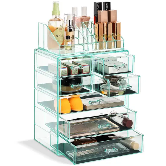 Sorbus Medium Makeup Organizer Set - (3 Large / 4 Small Drawers/Top Tray) Teal {1}