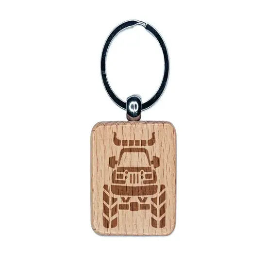 Monster Truck with Bull Horns Engraved Wood Square Keychain Tag Charm {1}
