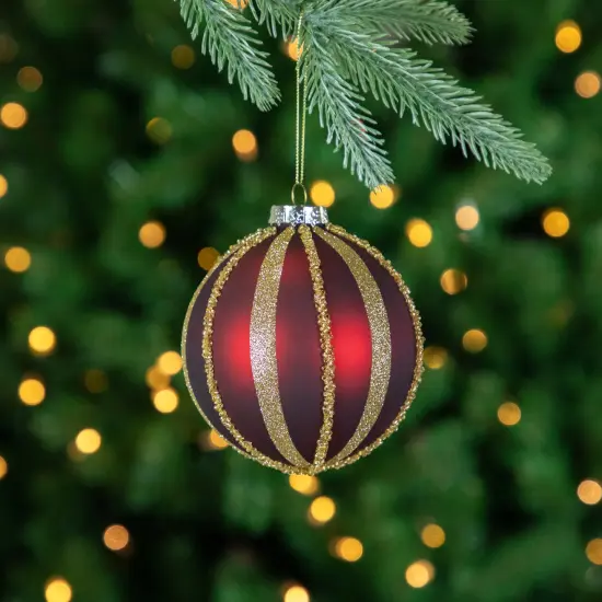 Northlight Beaded Stripes Christmas Glass Ball Ornaments - 4" - Burgundy and Gold - Set of 2 Red {3}