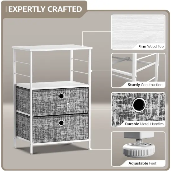Sorbus Nightstand 2-Drawer Shelf Storage - Bedside Furniture & End Table Chest Dresser with Steel Frame, Wood Top & Easy Pull Fabric Bins for Home, Bedroom, Closets, Bathroom, Office & College Dorm Gray/White {3}