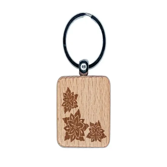 Poinsettia Corner Engraved Wood Square Keychain Tag Charm {1}