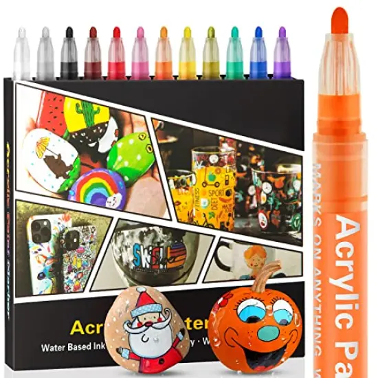 Acrylic Paint Pens Markers -12 Color Waterproof Paint Pens for Rock Painting,Graffiti, Stone, Ceramic, Glass, Wood, Fabric, Canvas, Porcelain, Metal,Water Based Quick Dry Non-Toxic and No Odor {1}