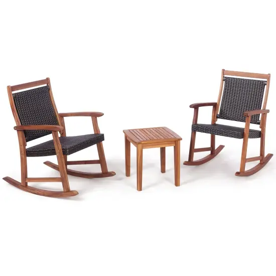 3 Pieces Acacia Wood Patio Rocking Chair Set with Side Table {4}