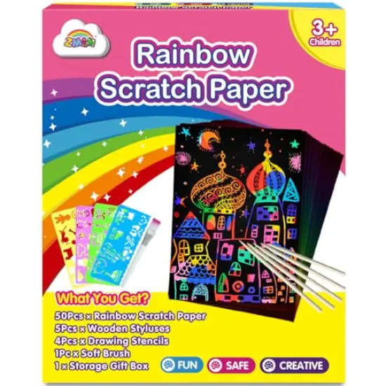 60 Pieces Rainbow Magic Scratch Paper for Kids Black Scratch Off Art Crafts Kits Notes with 5 Wooden Stylus for Girls Boys Toy Halloween Party Game Christmas Birthday Gift {2}